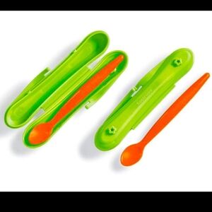 Two Tupperware TupperKids Feeding Spoons and Snap Together Cases Easy On The Go!